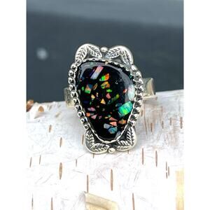 Sterling Silver Black Fire Opal Ring Native Style Southwest Statement Adjustable